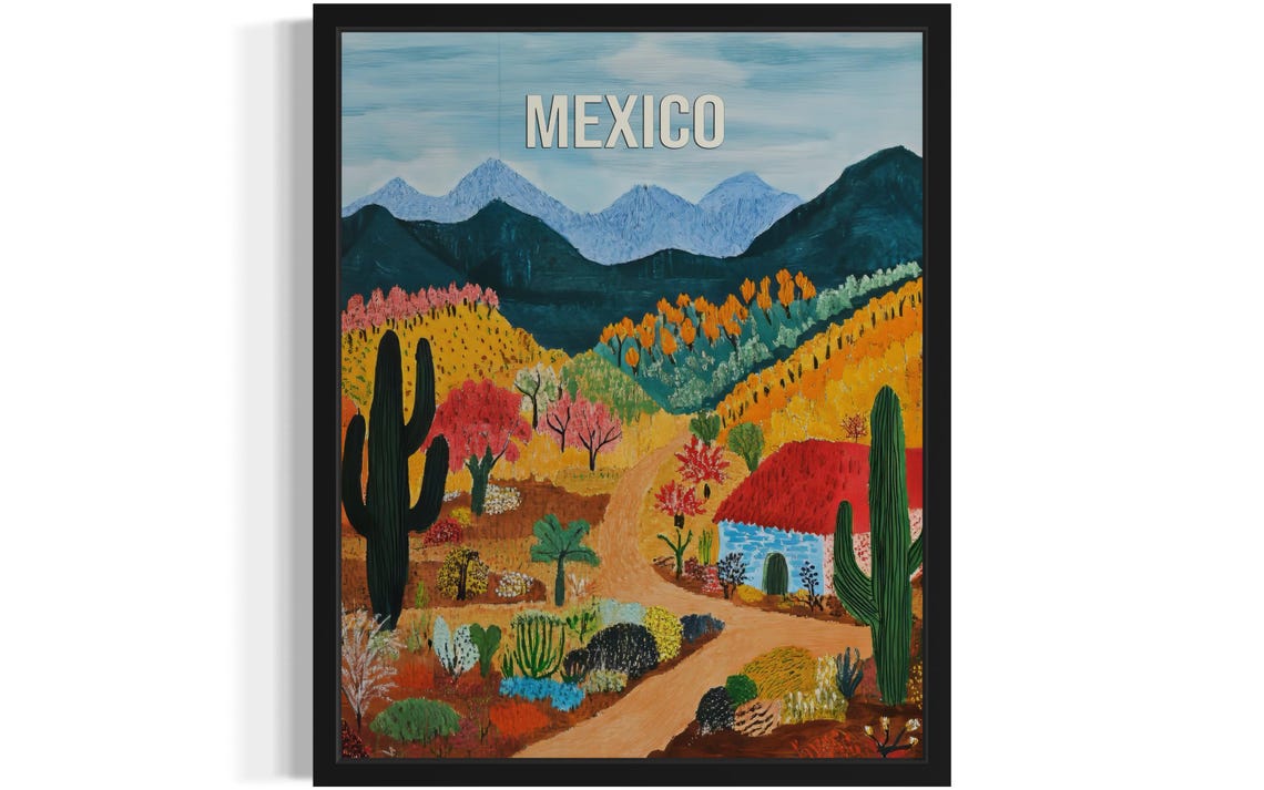 Mexico Desert Valley with Saguaro Cacti and Adobe House Travel Poster
