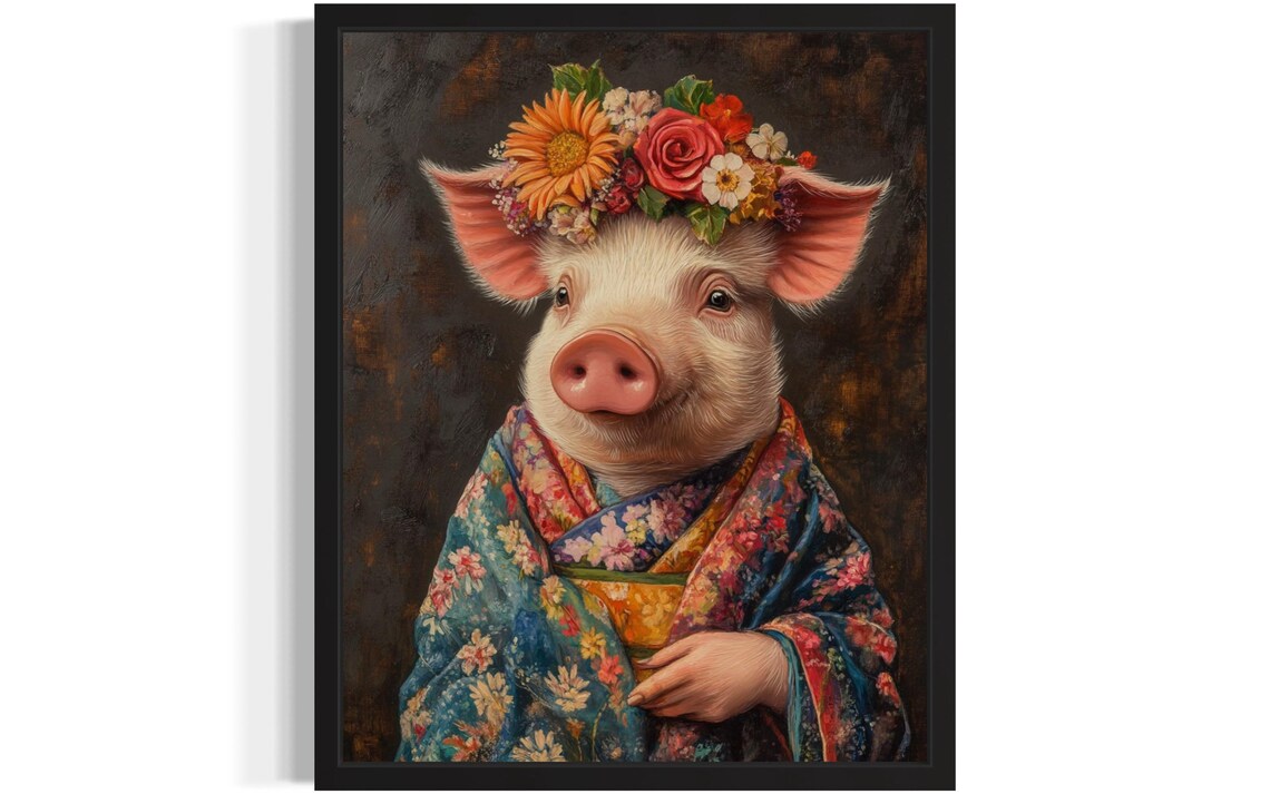 Pig Wearing a Flower Crown and Floral Kimono Portrait Poster