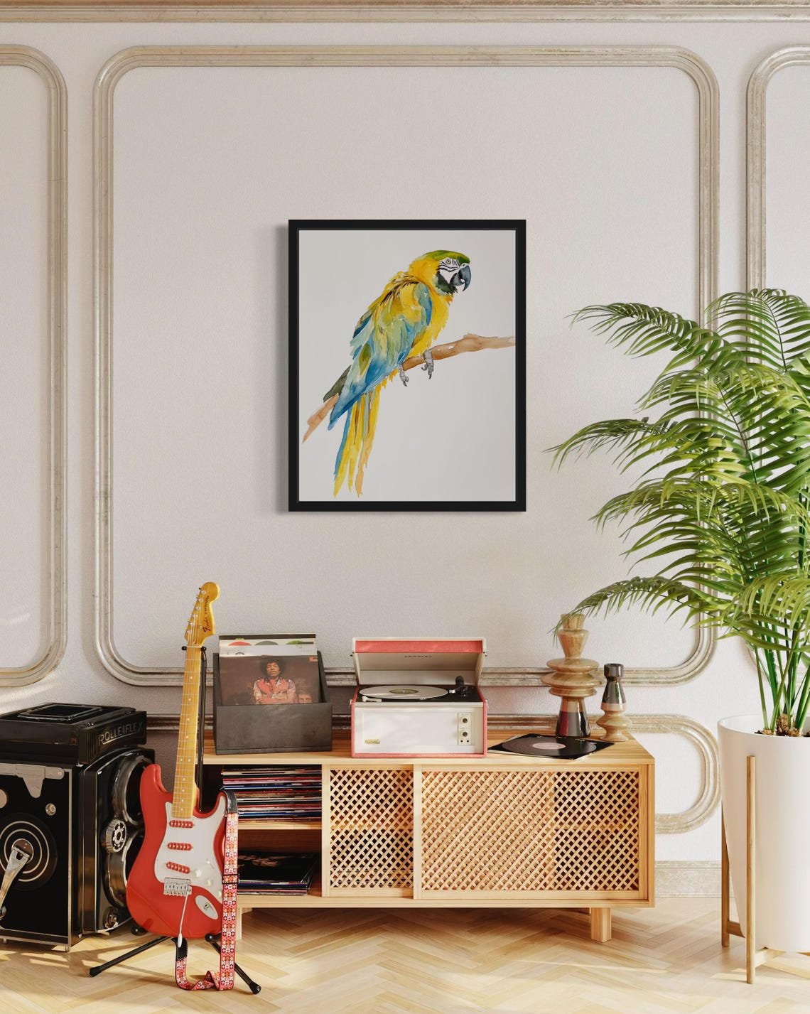 Blue and Yellow Macaw on a Branch Watercolor Tropical Poster - Image 4
