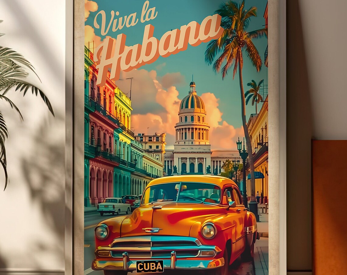 Viva La Habana Cuba Classic Car Capitol Sunset Travel Poster