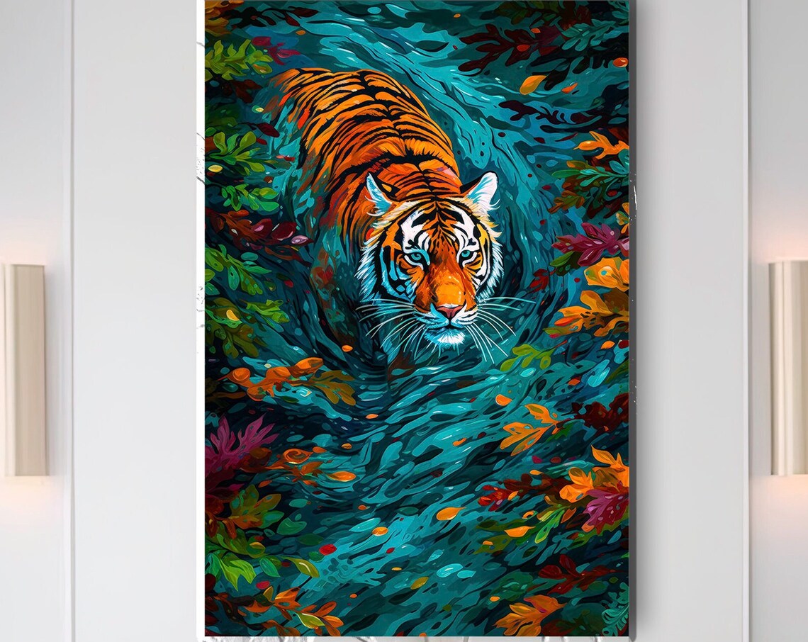 Tiger Prowling Through Colorful Jungle Foliage Painting Poster