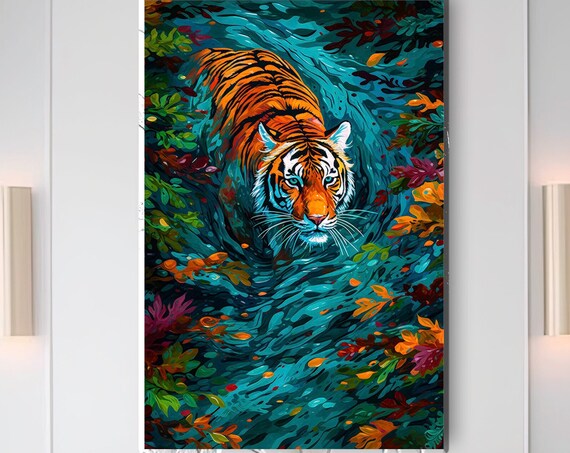 Tiger Prowling Through Colorful Jungle Foliage Painting Poster