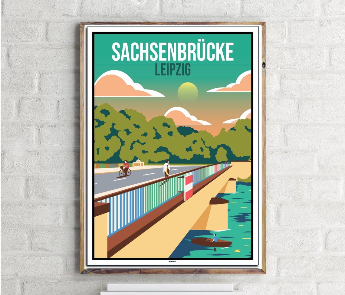 Sachsenbrücke Leipzig Vintage Retro Bridge Sunset Travel Poster