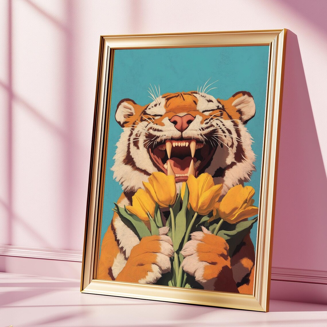 Smiling Tiger Holding Yellow Tulips Cheerful Animal Portrait Poster