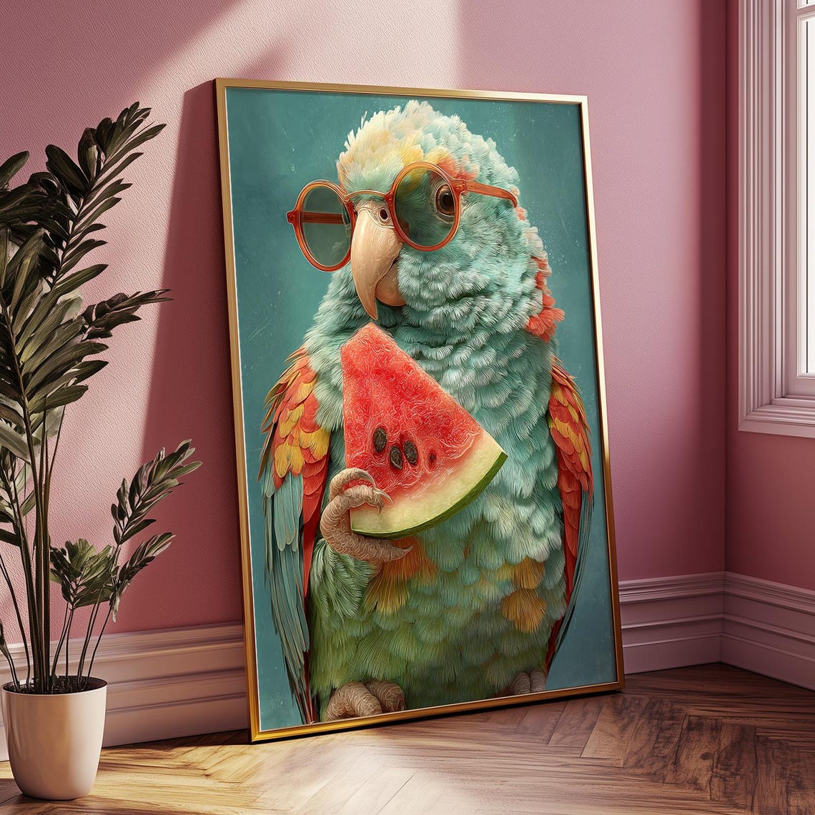 Watermelon Bird Print Whimsical Tropical Fruit Wall Art For Kids Room Cute Parrot Summer Decor Fun Nursery Poster