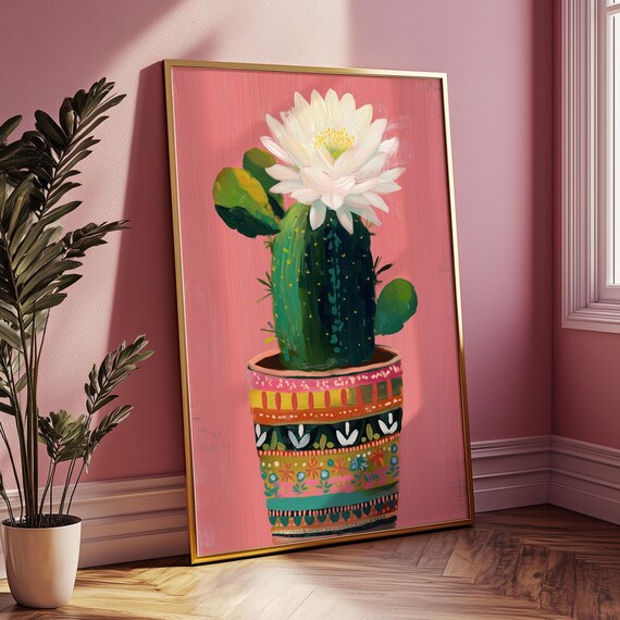 Mexican Cactus Art Print Traditional Folk Poster Vintage Desert Boho Home Decor