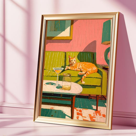 Midcentury Ginger Cat, Vintage Home Art Print