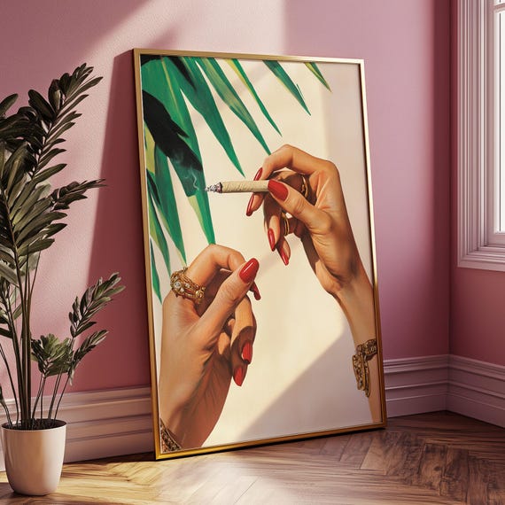 Cannabis Art Print Female Hands With Gold Rings And Joint Surreal Trippy Collage Psychedelic Wall Gift For Friends Retro Room Decor