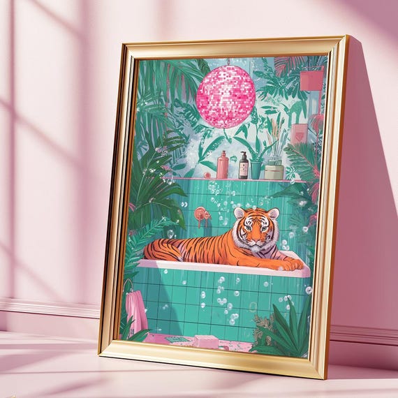 Tiger Poster Maximalist Bathroom Wall Art Pink Disco Ball Dopamine Decor In A Bath Print Preppy Trendy