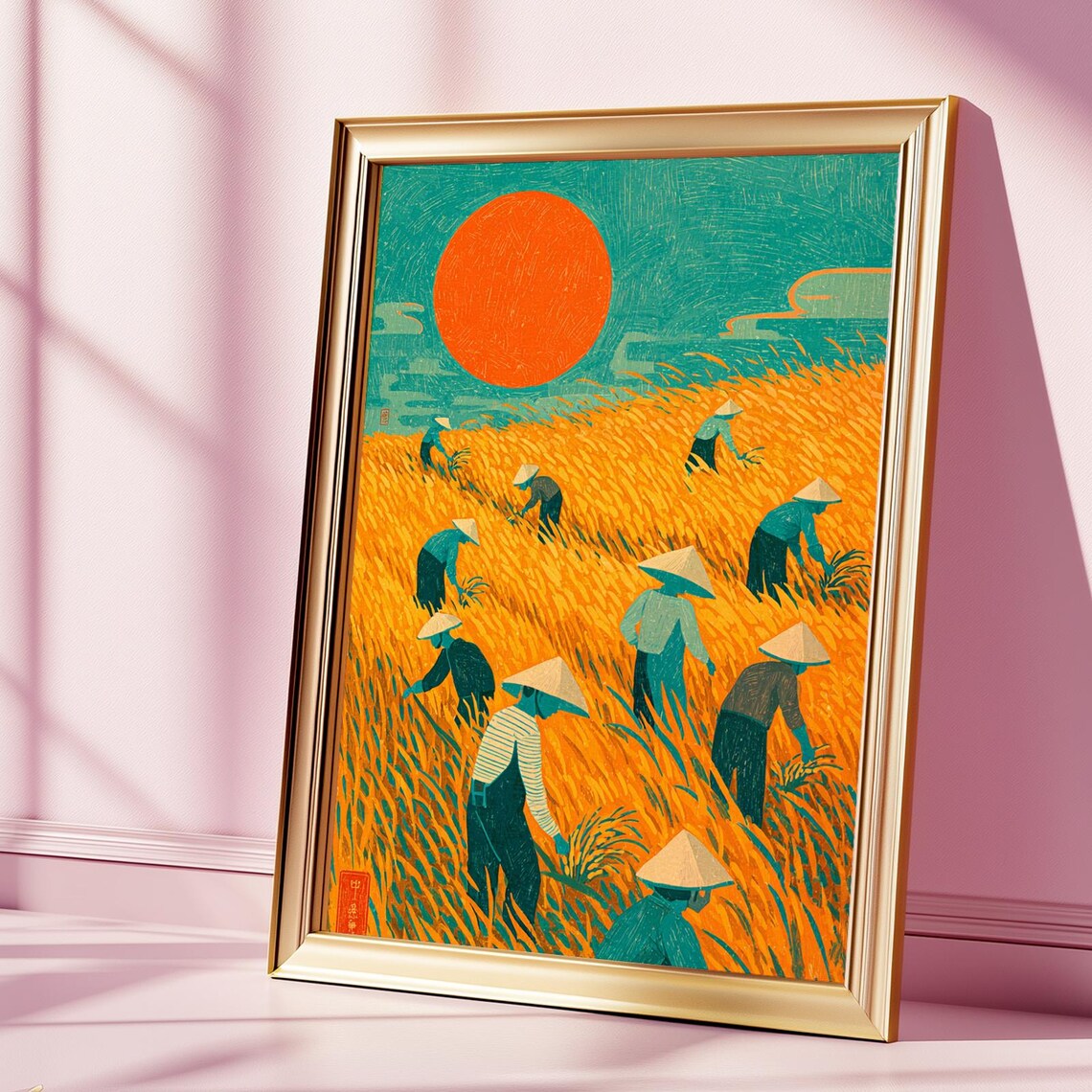 Asian Rice Farmers Golden Harvest Sunset Field Scene Art Poster