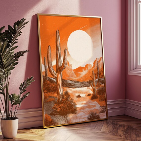 Orange Mexican Cactus Art Print Traditional Folk Poster Vintage Desert Cacti Boho Home Decor