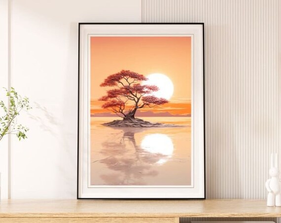Red Tree Tiny Island Sunset Golden Reflection Calm Nature Poster