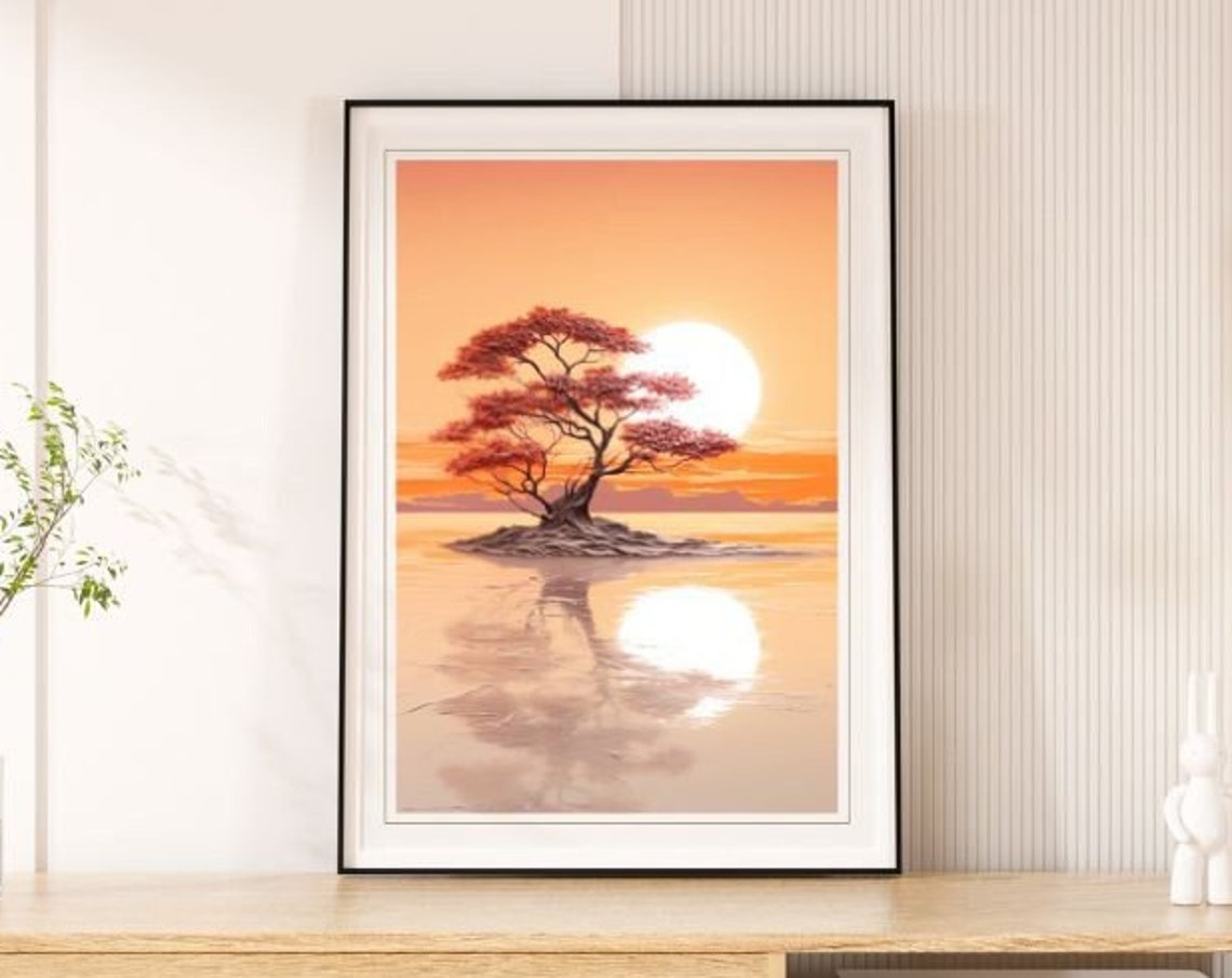 Red Tree Tiny Island Sunset Golden Reflection Calm Nature Poster
