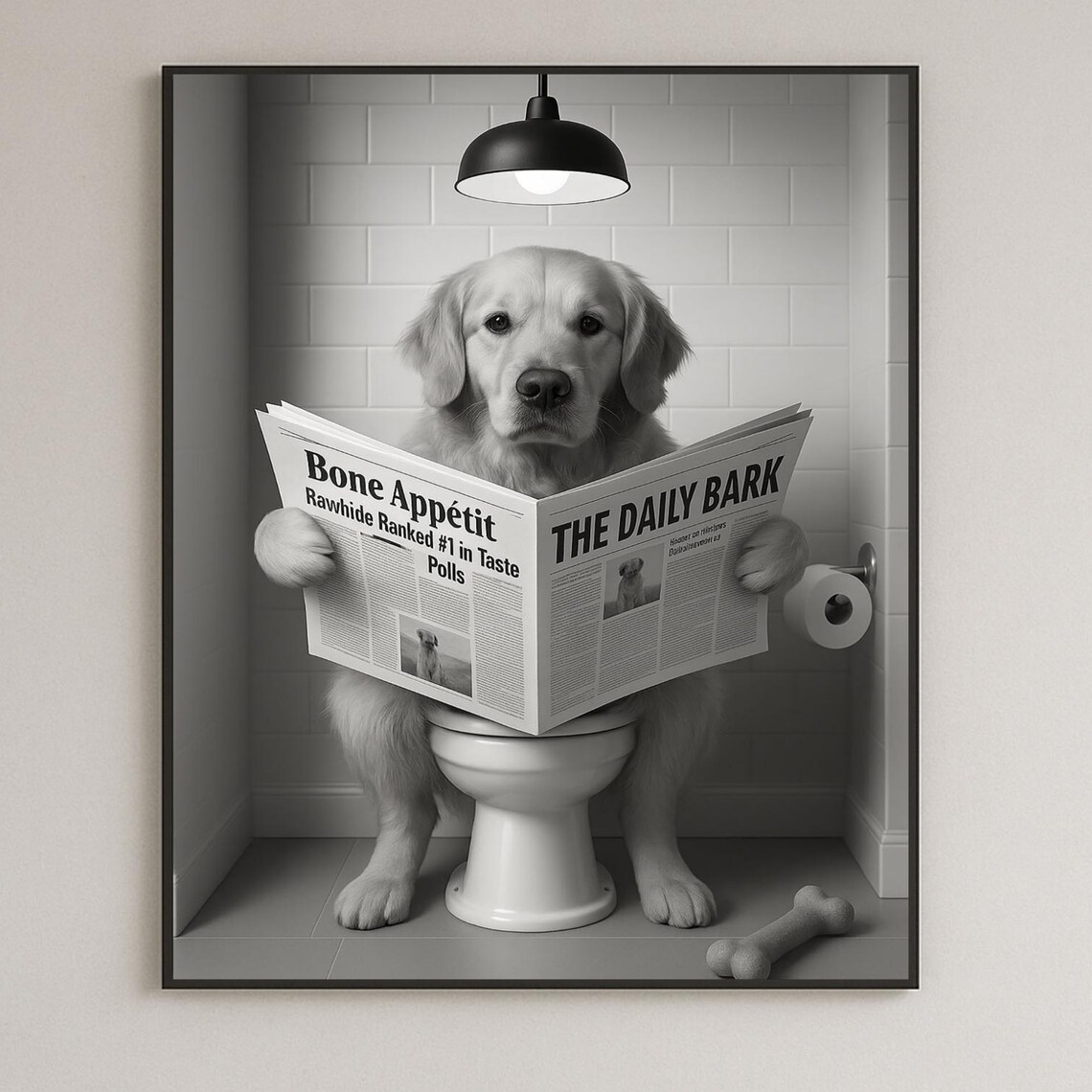 Golden Retriever On Toilet Reading Newspaper Funny Dog Bathroom Humor Print