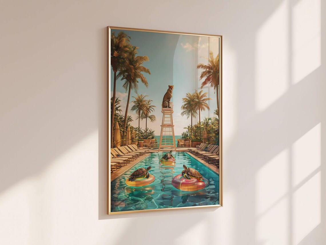 Tropical Pool Party Cheetah And Sea Turtles Summer Wall Poster - Image 2
