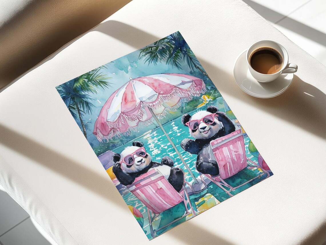 Pandas In Pink Sunglasses Pool Party Funny Animal Wall Poster - Image 2