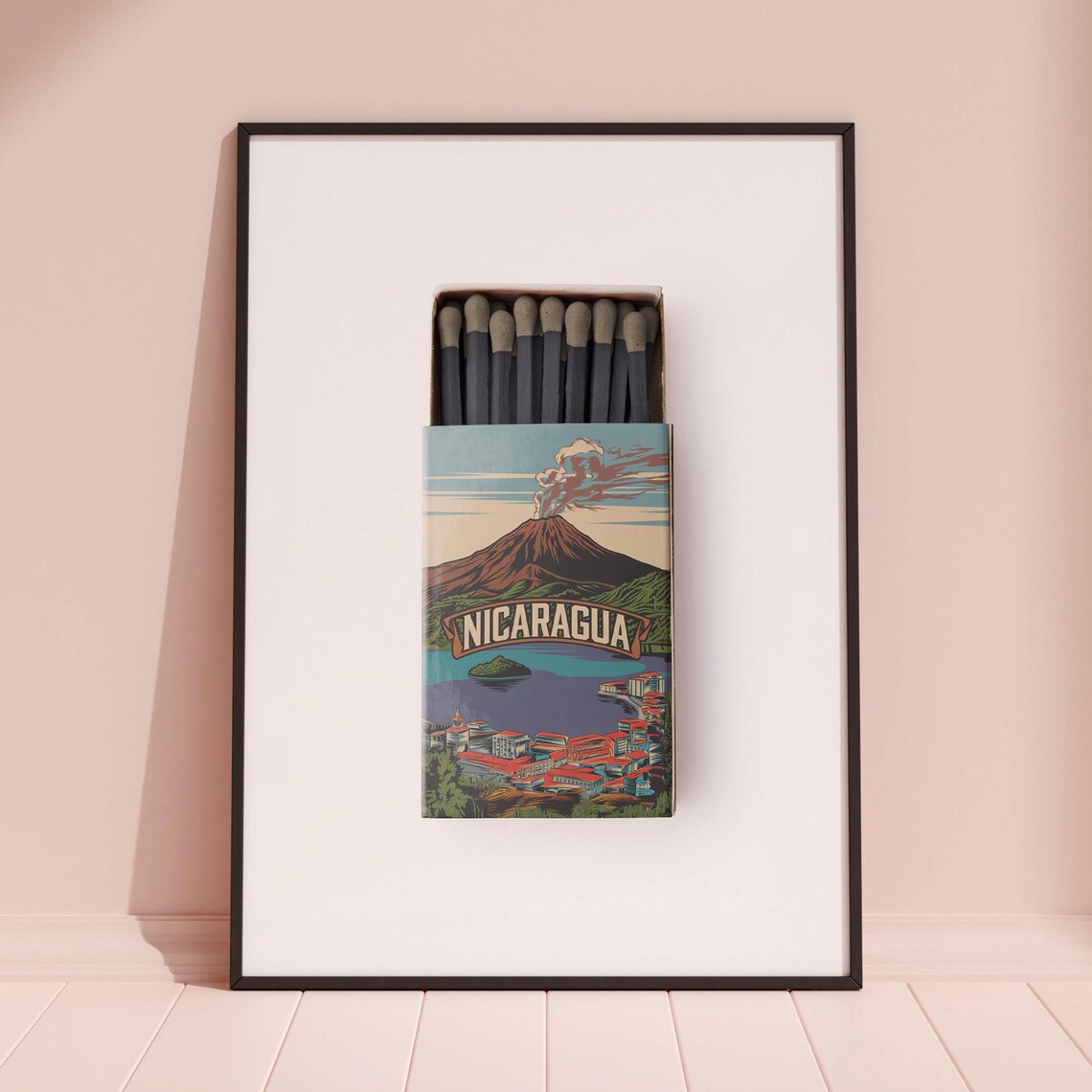 Nicaragua Matchbox Volcano Lake Town Vintage Travel Art Poster - Image 3