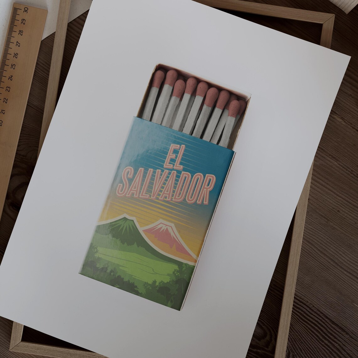 El Salvador Matchbox Volcano Sunset Vintage Travel Art Poster - Image 2