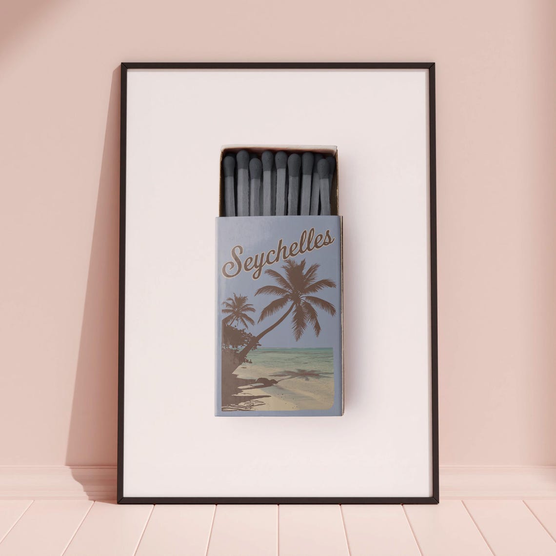 Seychelles Beach Matchbox Style Art with Palm Tree Silhouette Poster - Image 3