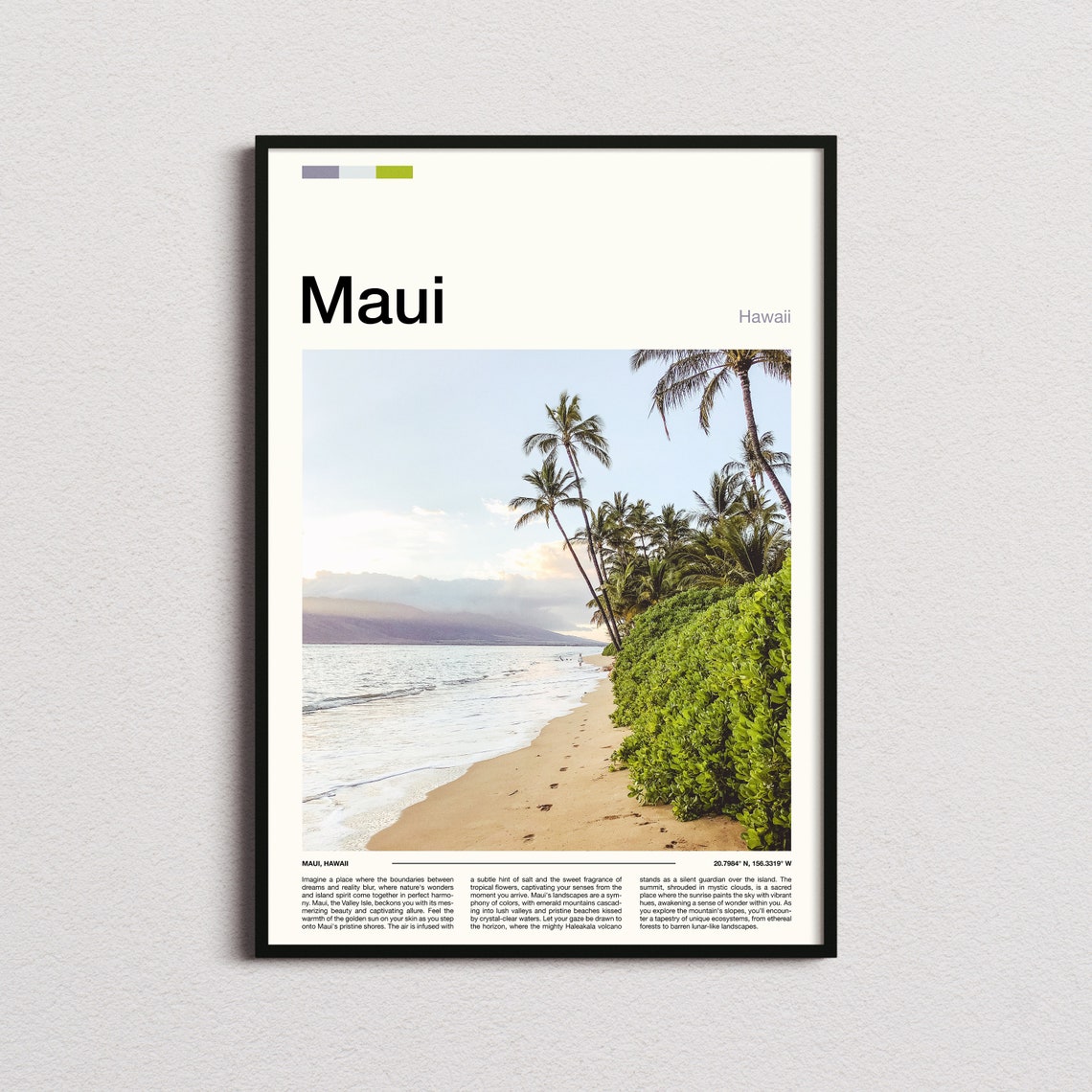 Maui Hawaii Palm Tree Beach Sunset Coastline Minimalist Travel Poster