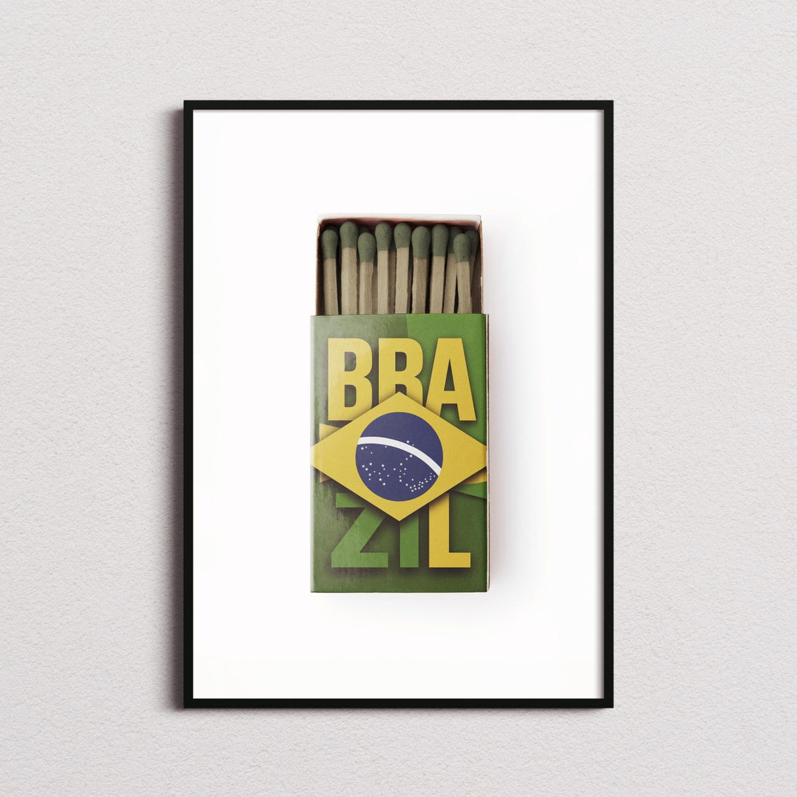 Brazil Flag Matchbox Art Green Yellow Wooden Matchstick Poster