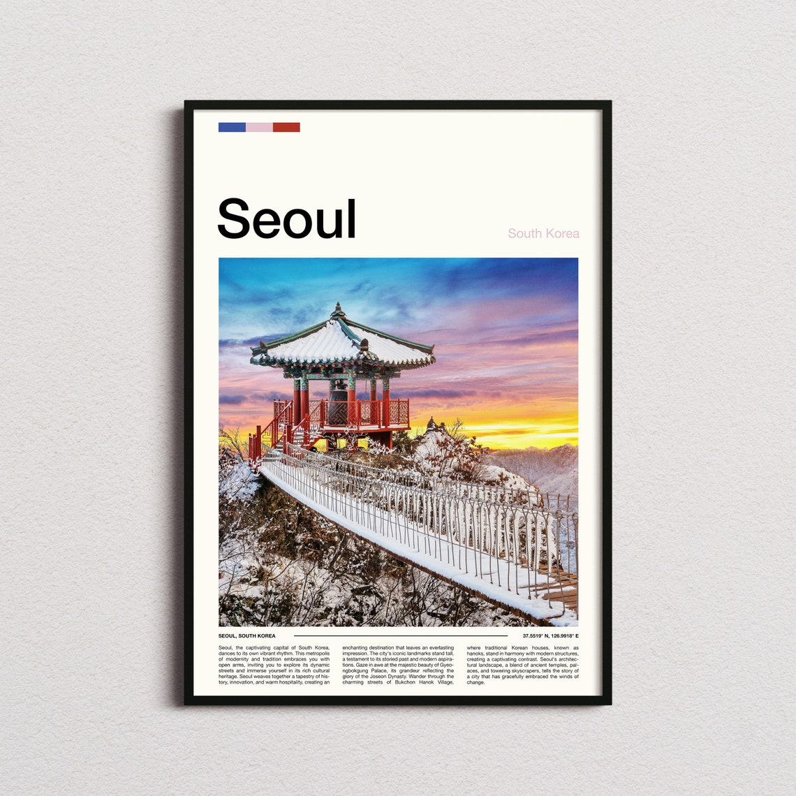 Seoul South Korea Winter Temple Pavilion Snowy Sunset Photo Poster