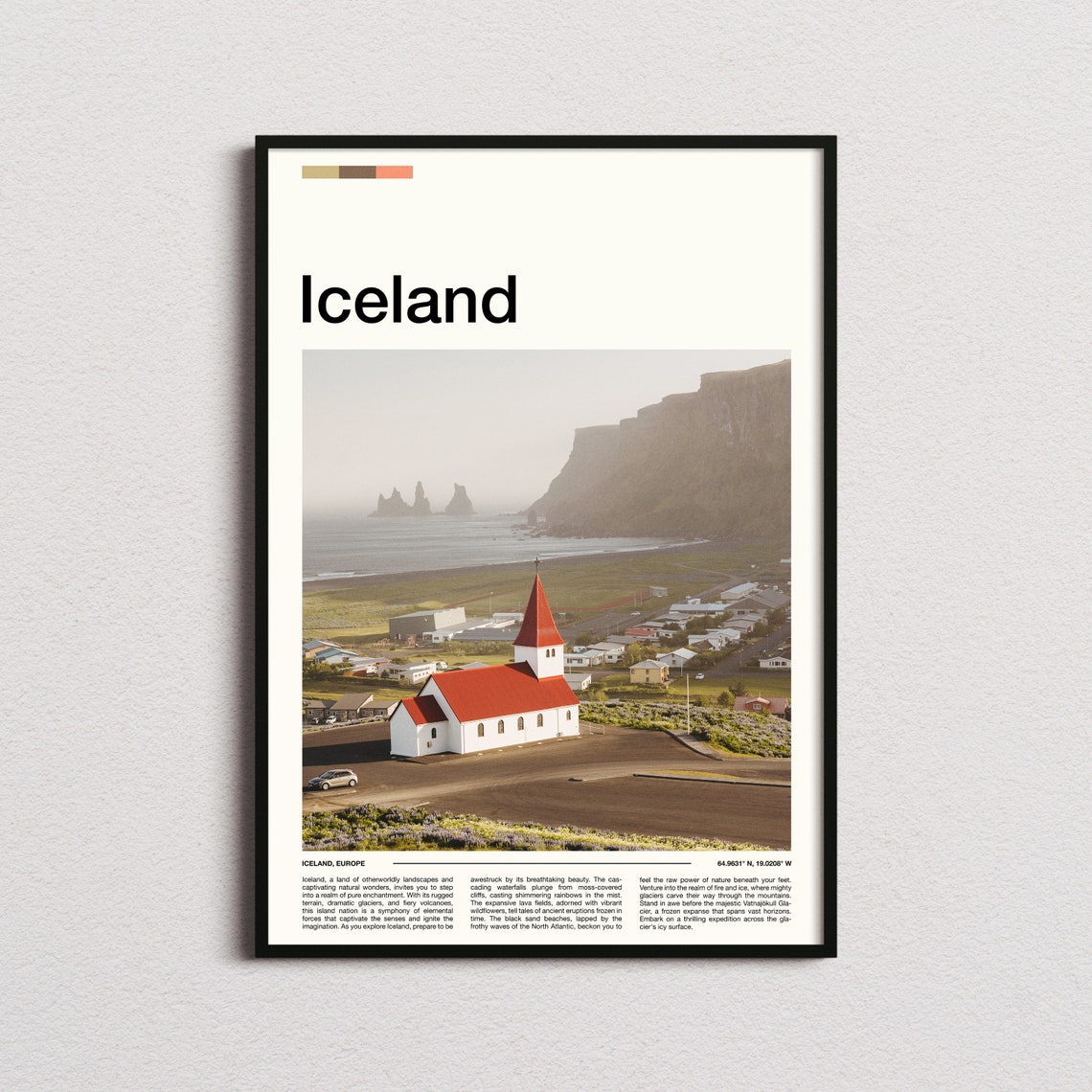 Iceland Vik Village Red Church Black Beach Sea Stacks Poster
