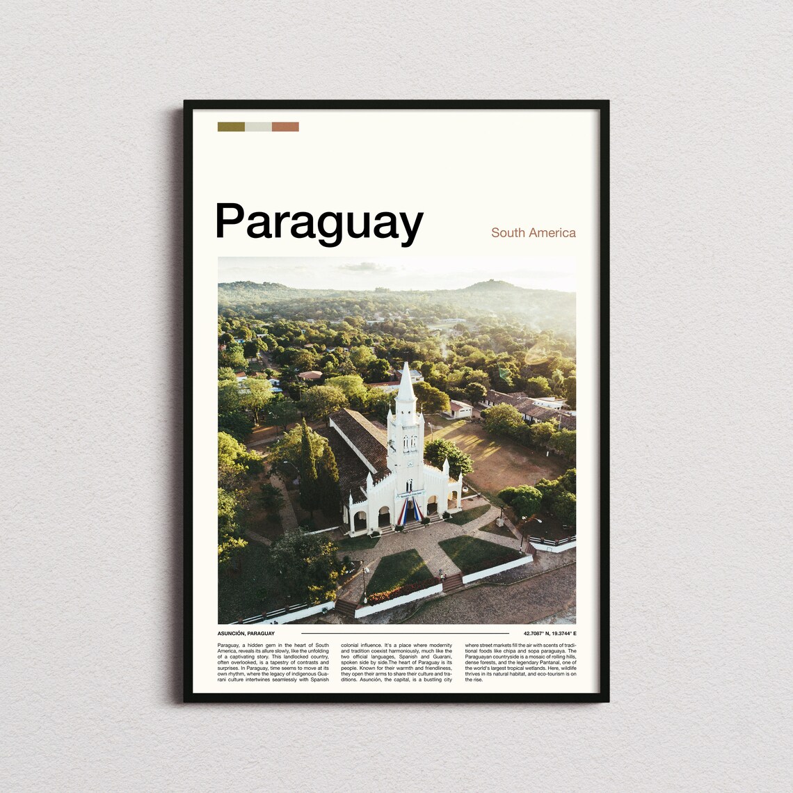 Paraguay White Church Plaza Aerial View Minimalist Travel Poster