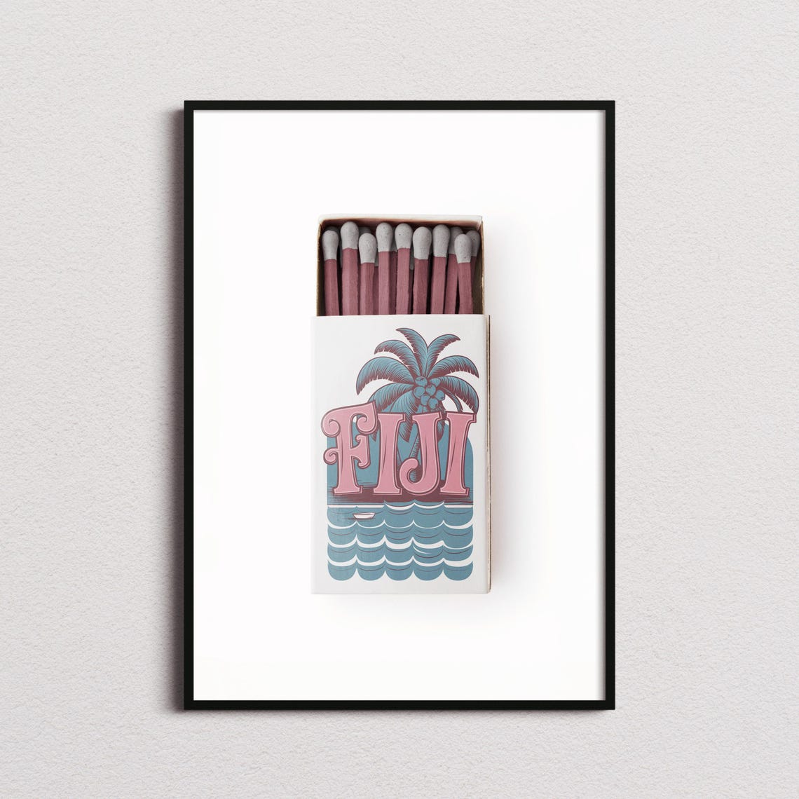 Fiji Matchbox Palm Tree Waves Island Vintage Travel Art Poster
