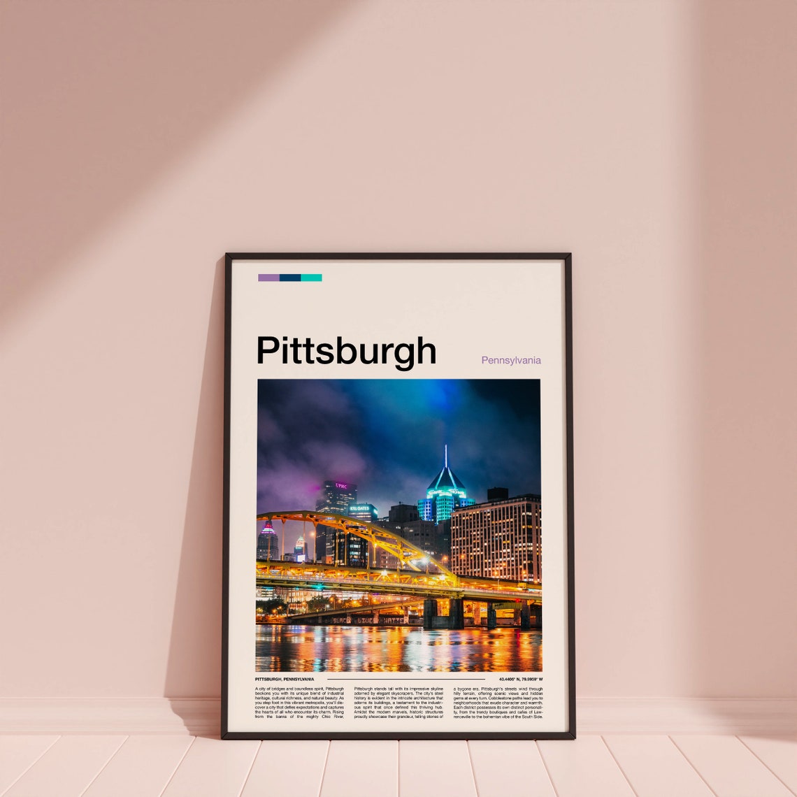 Pittsburgh Pennsylvania Night Skyline Illuminated Bridge Poster - Image 4