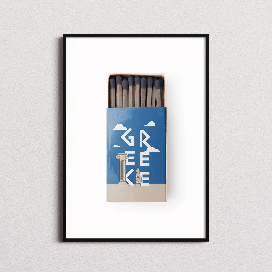 Greece Ancient Column Matchbox Style Art with Classical Statue Poster