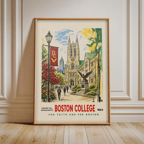 Boston College Print Vintage University Campus Poster Chestnut Hill Wall Art Collegiate Home Decor Retro Travel Illustration