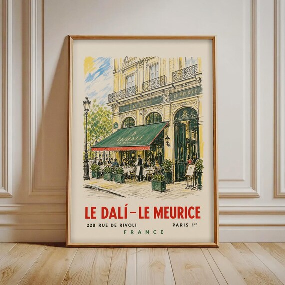 Paris Cafe Print Le Dali Restaurant Vintage Travel Poster French Bistro Wall Art European Street Scene Decor