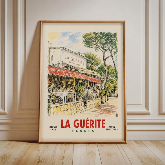 La Gurite Cannes Print French Riviera Cafe Poster Vintage Travel Art Coastal France Wall Decor
