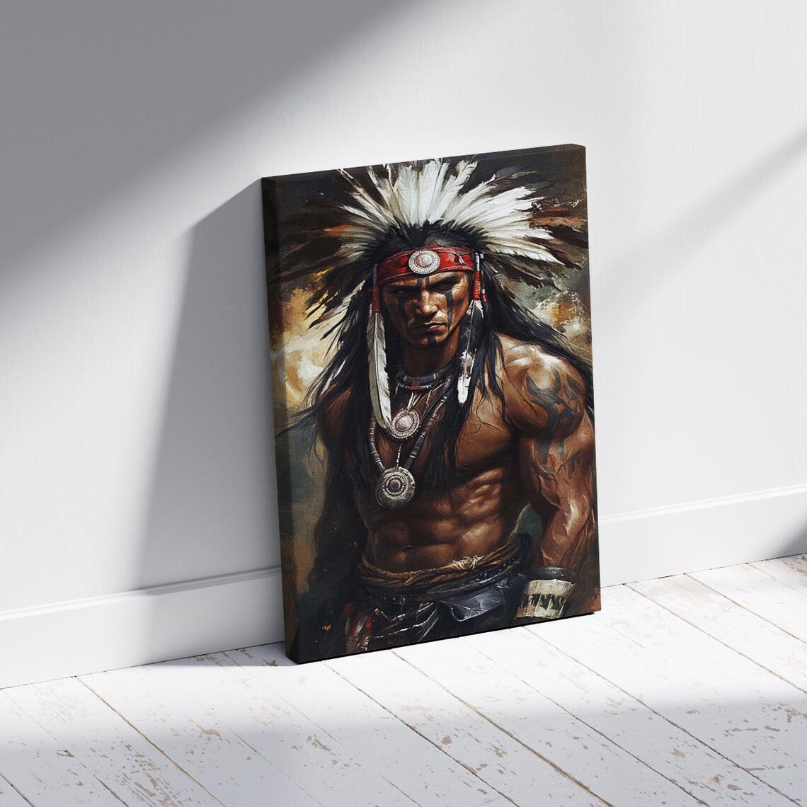 Tribal Warrior Feather Headdress Portrait Dark Painterly Art Poster