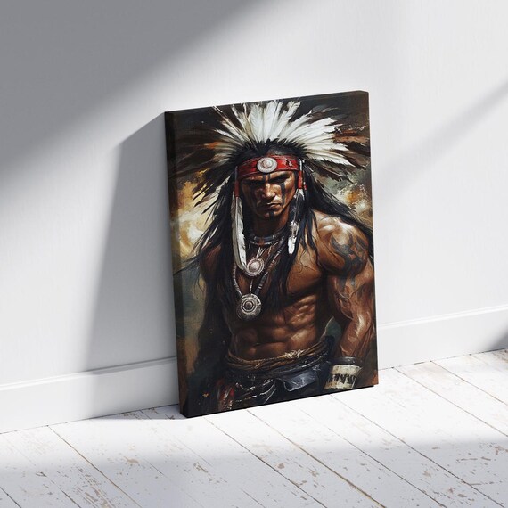 Tribal Warrior Feather Headdress Portrait Dark Painterly Art Poster