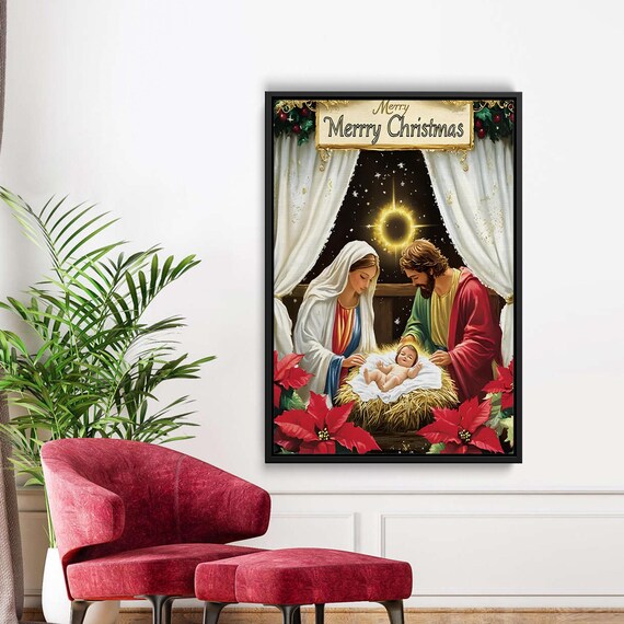Merry Christmas Nativity Scene Holy Family Manger Holiday Poster