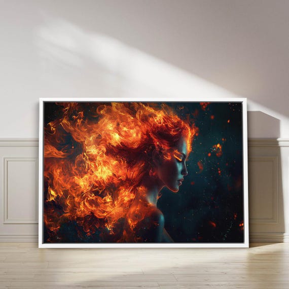 Fiery Woman Art Print Powerful Flame Hair Fantasy Portrait Dark Background Wall Decor Bold Surreal Fire Element Canvas