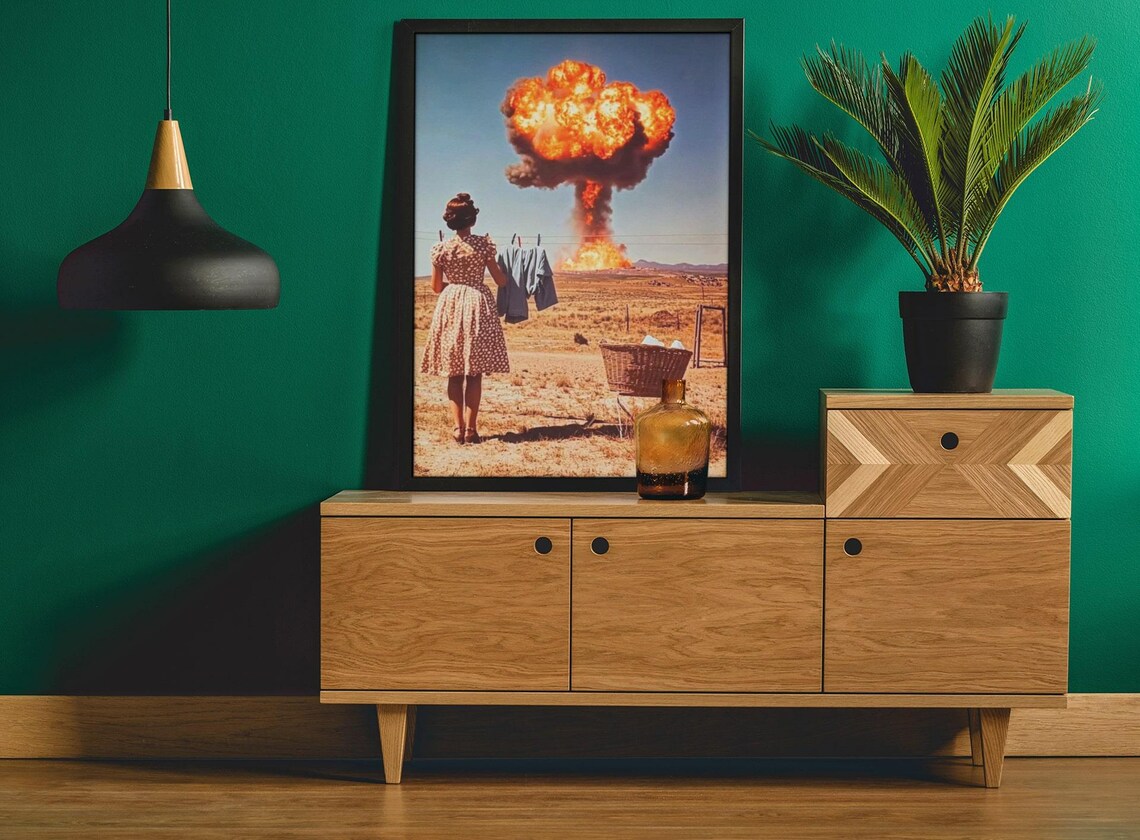 Vintage Housewife Laundry Atomic Mushroom Cloud Surreal Retro Poster