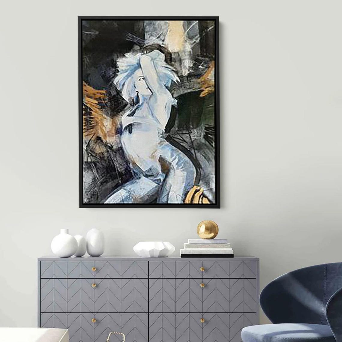 Abstract Dancing Woman Blue Brushstroke Modern Expressive Art Poster