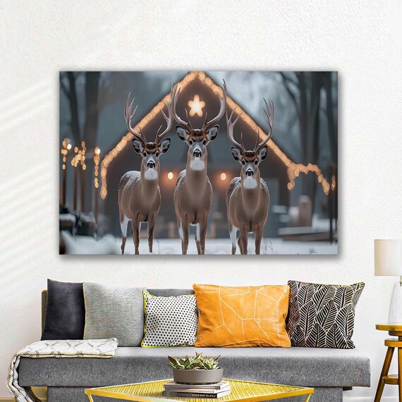 Three Deer In Snow Christmas Lights Barn Winter Evening Poster