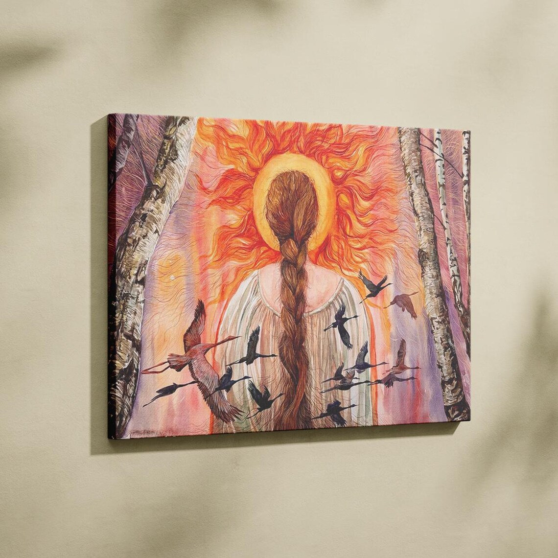 Sun Goddess Woman Fiery Halo Flock Of Birds Boho Nature Art Poster