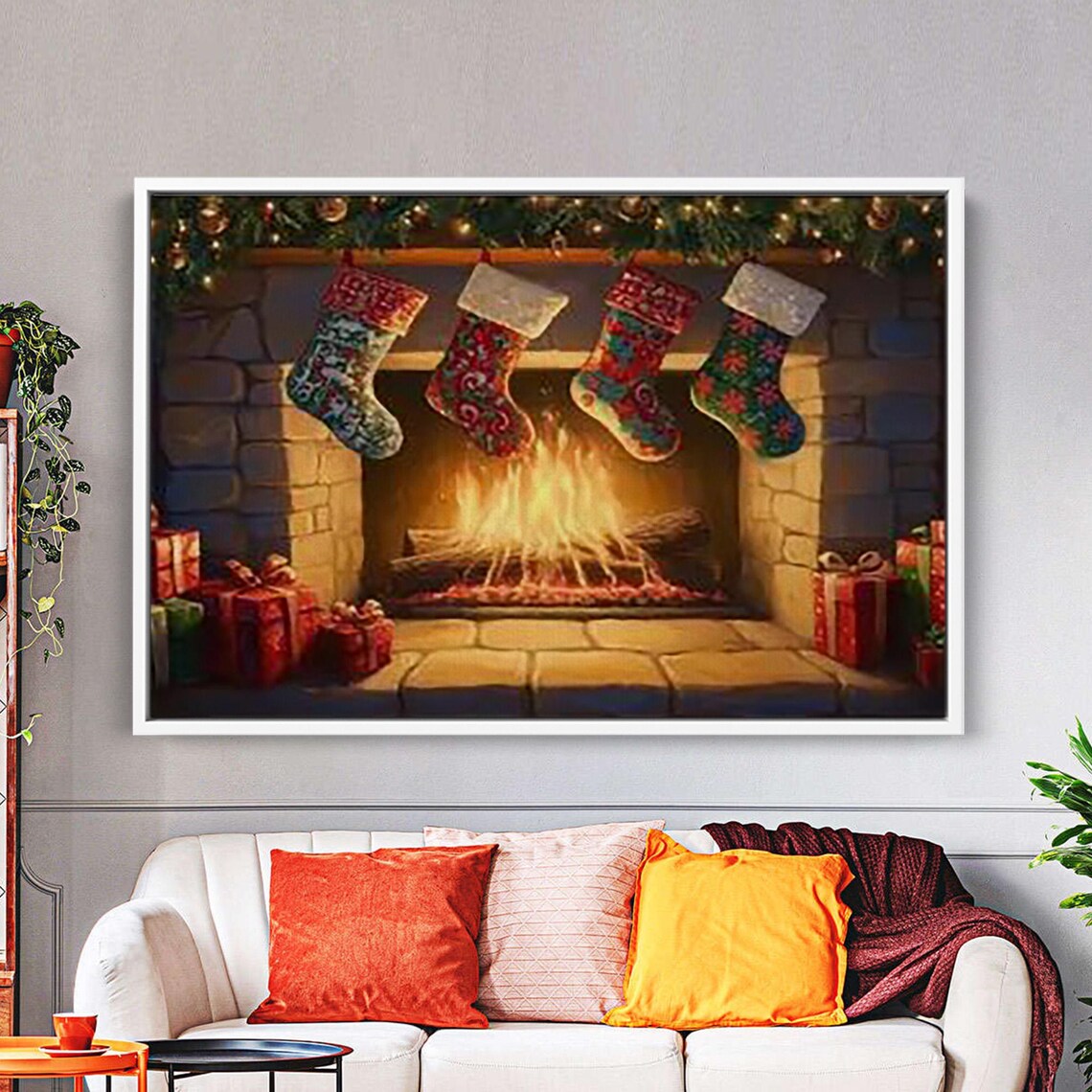 Cozy Christmas Fireplace with Stockings and Gifts Holiday Poster