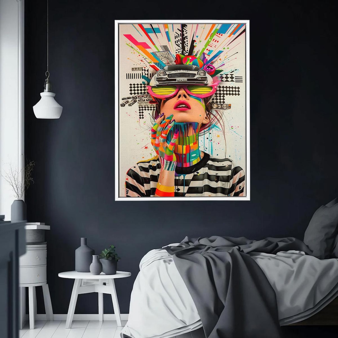 Surreal Pop Art Woman Neon Glasses Classic Car Crown Portrait Poster