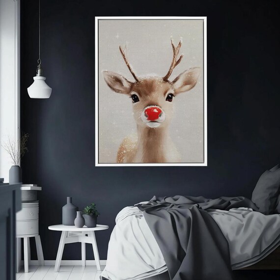 Baby Reindeer With Red Nose In Snow Cute Christmas Fawn Wall Art