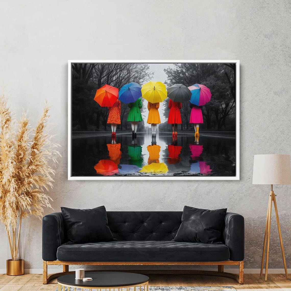 Five Women With Colorful Umbrellas Rainy Street Reflections Poster