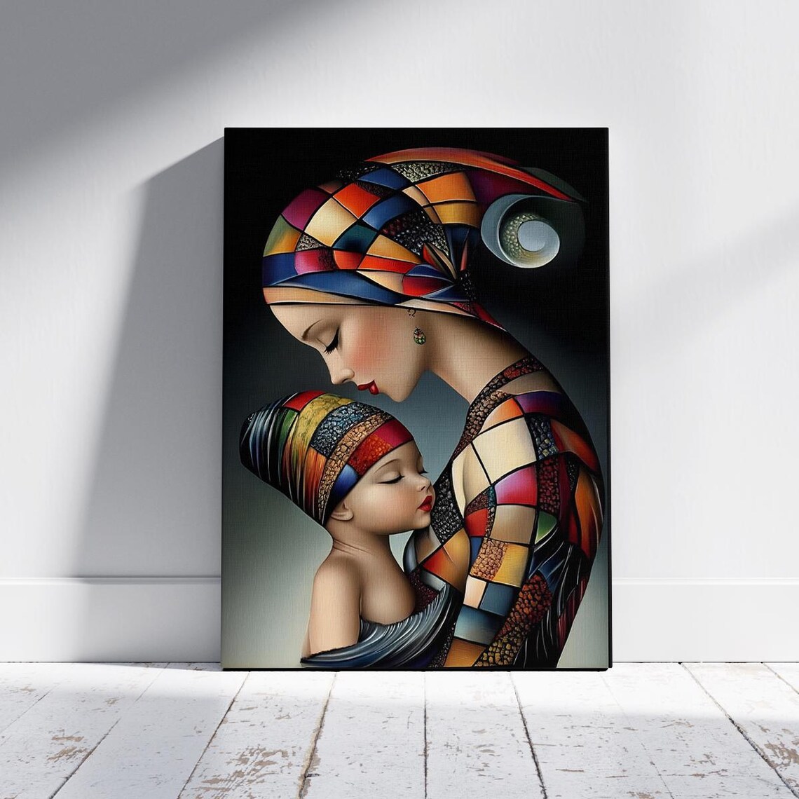 Colorful Mosaic Mother and Child Embrace Tender Portrait Poster