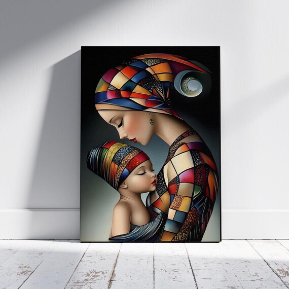 Colorful Mosaic Mother and Child Embrace Tender Portrait Poster
