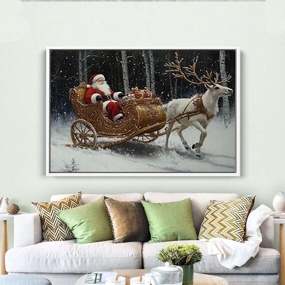 Santa Claus Golden Sleigh White Reindeer Snowy Forest Poster