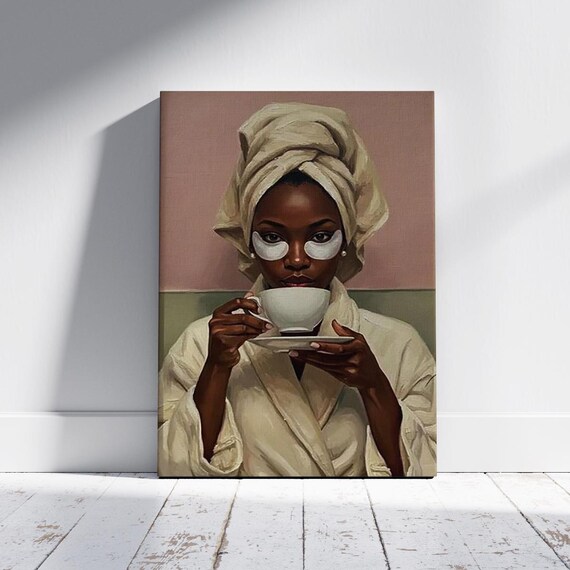 Selfcare Woman Portrait Canvas Spa Day Painting Elegant Black Wall Art Modern Feminine Decor Tea Time Bathroom Illustration